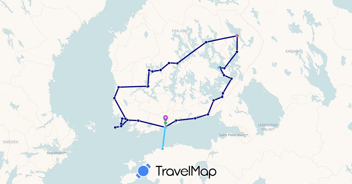 TravelMap itinerary: driving, bus, train, hiking, boat in Estonia, Finland (Europe)